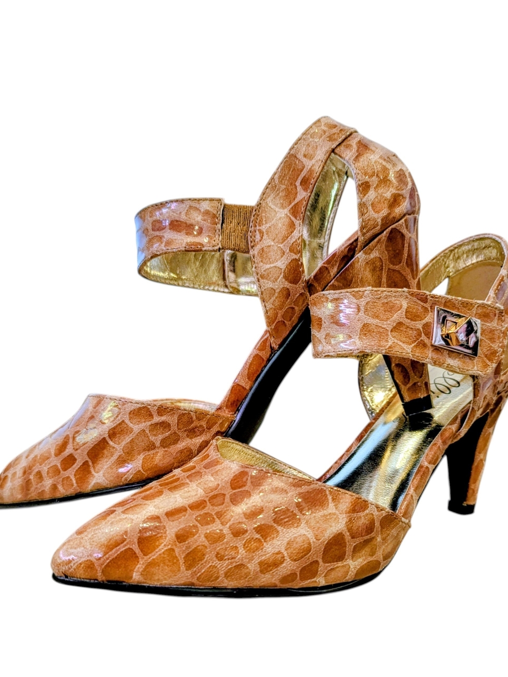 Bellini Magic Tan Croc Embossed Ankle Strap Heels Size 8